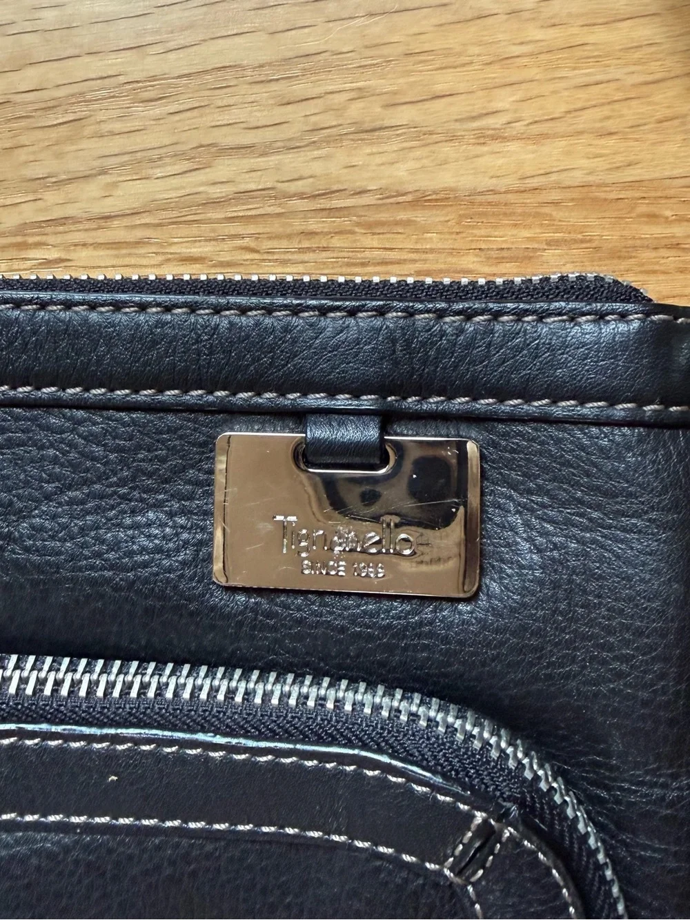 Tignanello Black Leather Crossbody with Front Zip Pocket